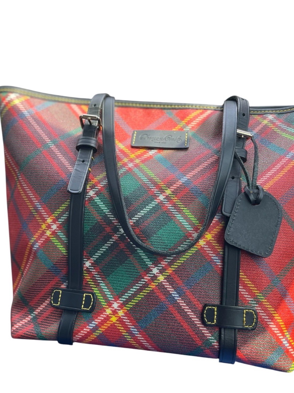 Dooney & Bourke Red Tartan Tote with Navy Trim
